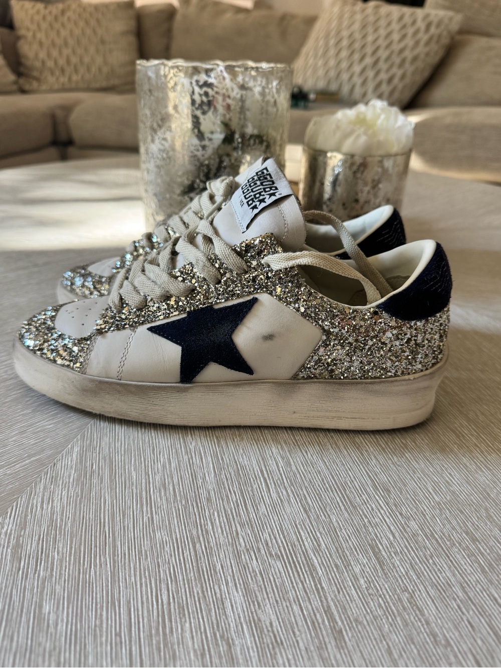 Golden Goose Leather Sneakers with Silver Glitter & Navy Star - Picture 3 of 9